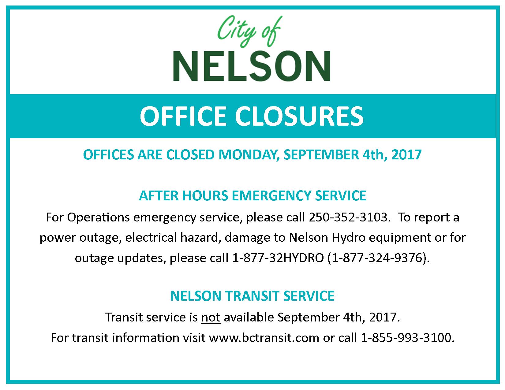 City of Nelson Office Closure